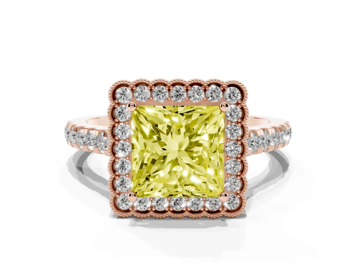 Fancy Yellow Princess Cut Cut Diamond Milgrain Floral Halo Engagement Ring with Pavé Band Rose gold