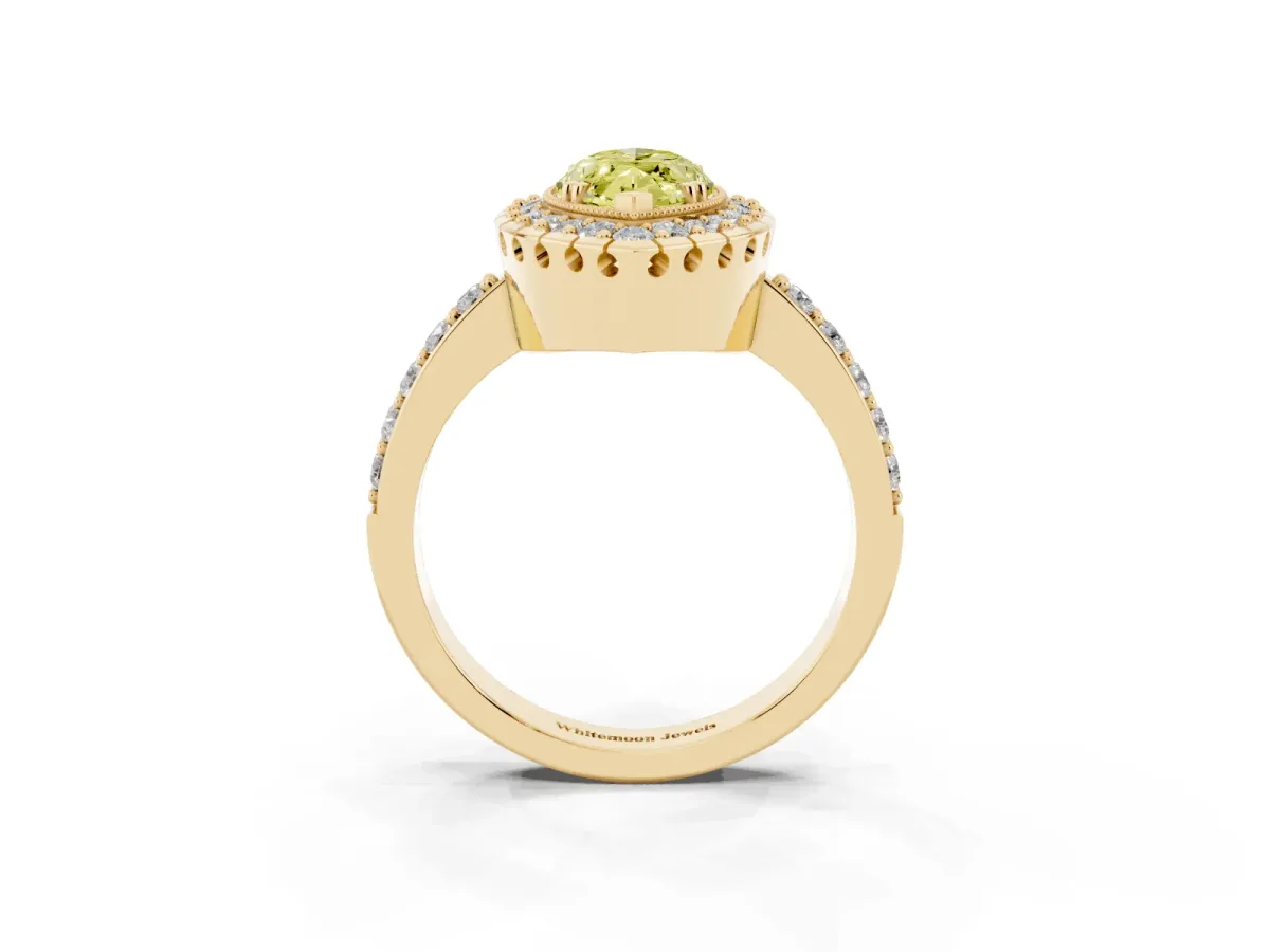 Fancy Yellow Marquise Cut Diamond Halo Ring with Pavé Band and Prong Setting Yellow gold