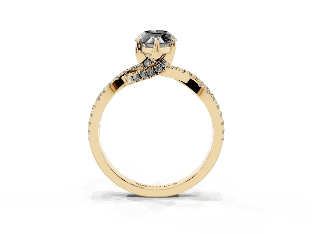 Fancy Black Marquise Cut Solitaire Twist Pave Diamond Engagement Ring with Prong Setting Yellow gold
