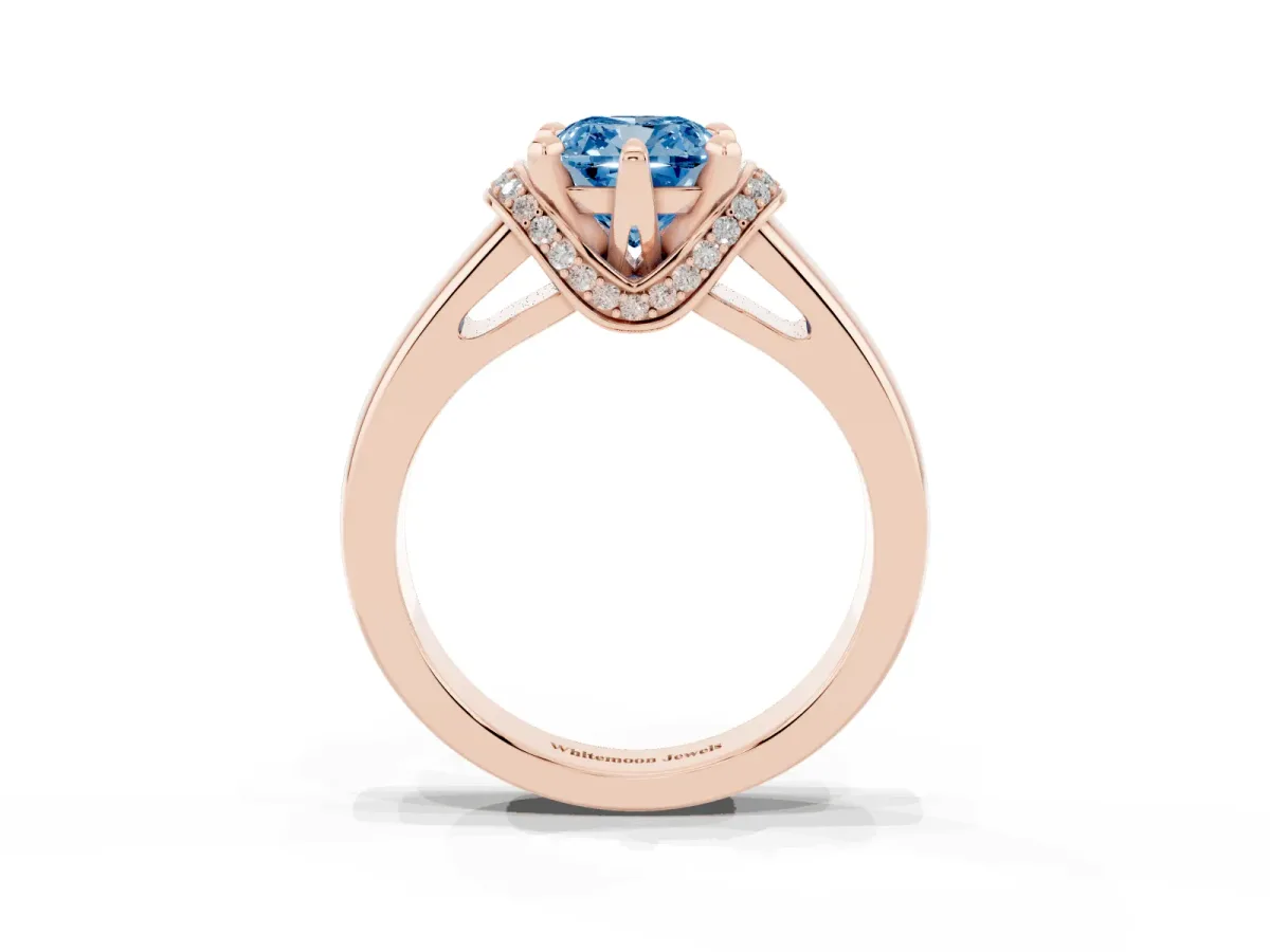 Fancy Blue Cushion Cut Solitaire Diamond Ring with Pave Band and Six-Prong Setting Rose gold