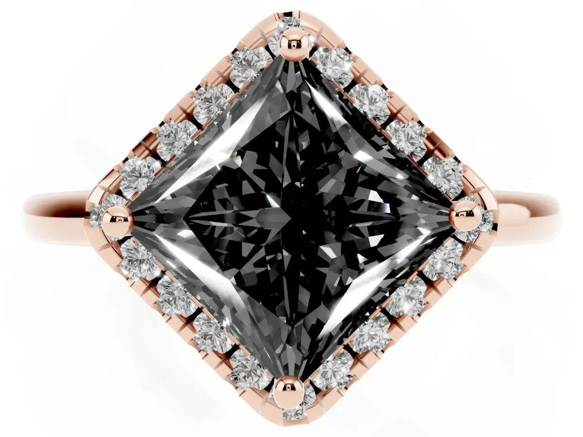 Fancy Black Princess Cut Halo Round Diamond Solitaire Engagement Ring with Pave Band and Four-Prong Setting Rose gold