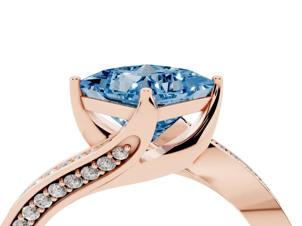 Fancy Blue Princess Cut Solitaire Diamond Twist Band with Pavé Setting and Four-Prong Setting Rose gold