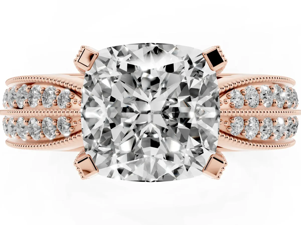 Cushion Cut Diamond Solitaire Ring with Milgrain Round Pavé Band and Prong Setting Rose gold
