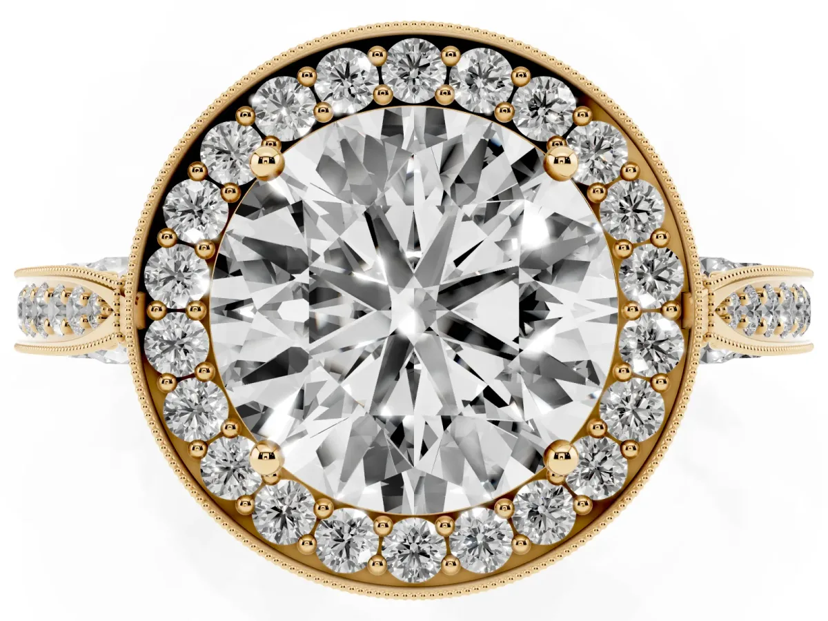 Round Cut Halo Diamond Engagement Ring with Split Shank Band and Four-Prong Setting Yellow gold