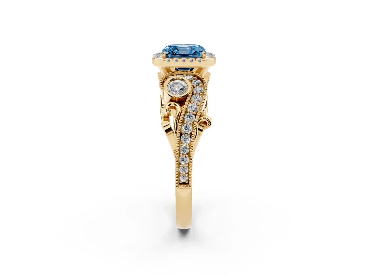 Fancy Blue Asscher Cut Halo Diamond Ring with Milgrain and Bezel Accents on a Split Shank Band Yellow gold