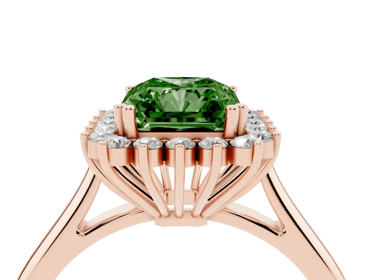 Fancy Green Radiant Cut Cut Diamond Halo Ring with Solitaire Band and Prong Setting Rose gold