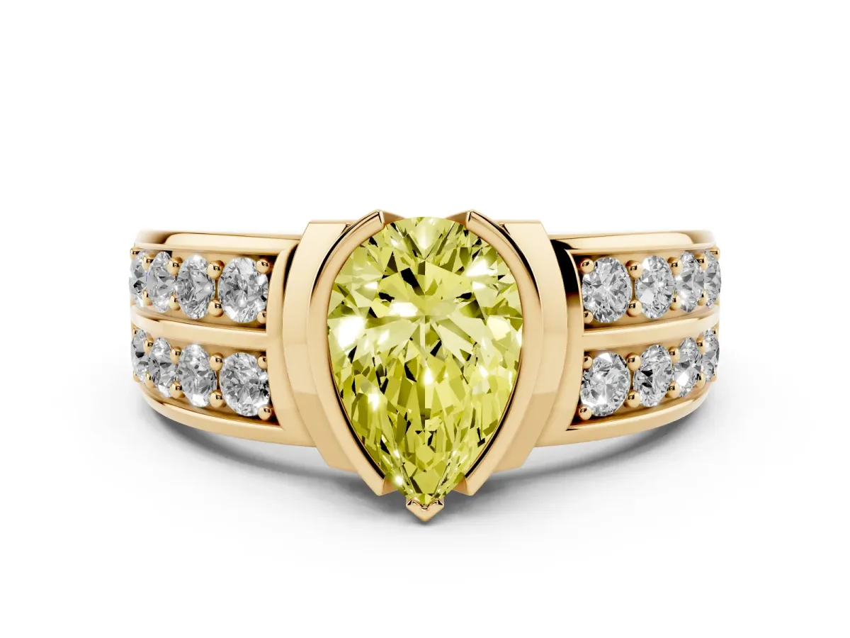 Fancy Yellow Pear Cut Brilliant Diamond Channel Set Wide Band Ring with Bezel Setting Yellow gold