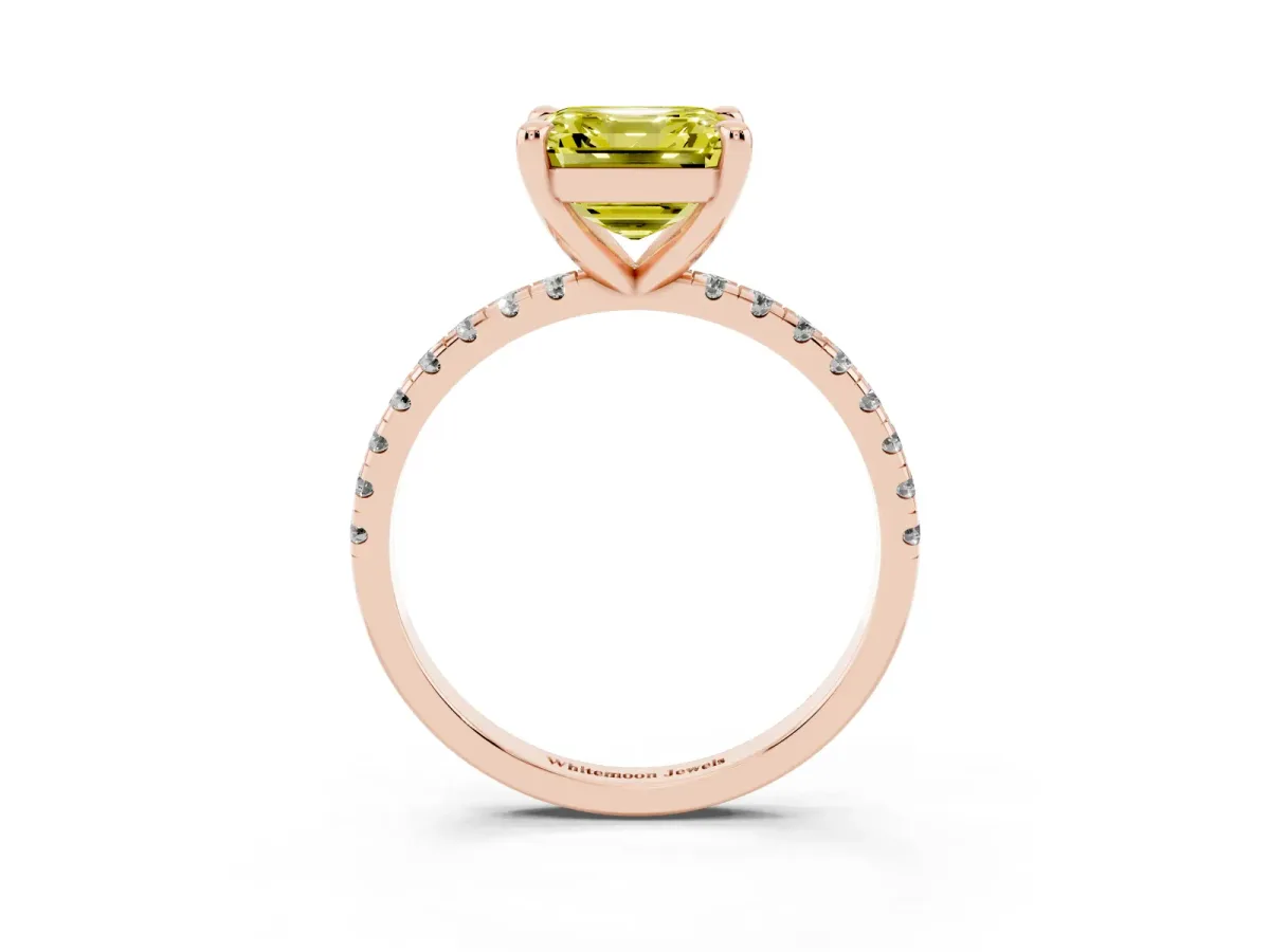 Fancy Yellow Asscher Cut Diamond Brilliant Solitaire Ring with Pavé Band and Four-Prong Setting Rose gold