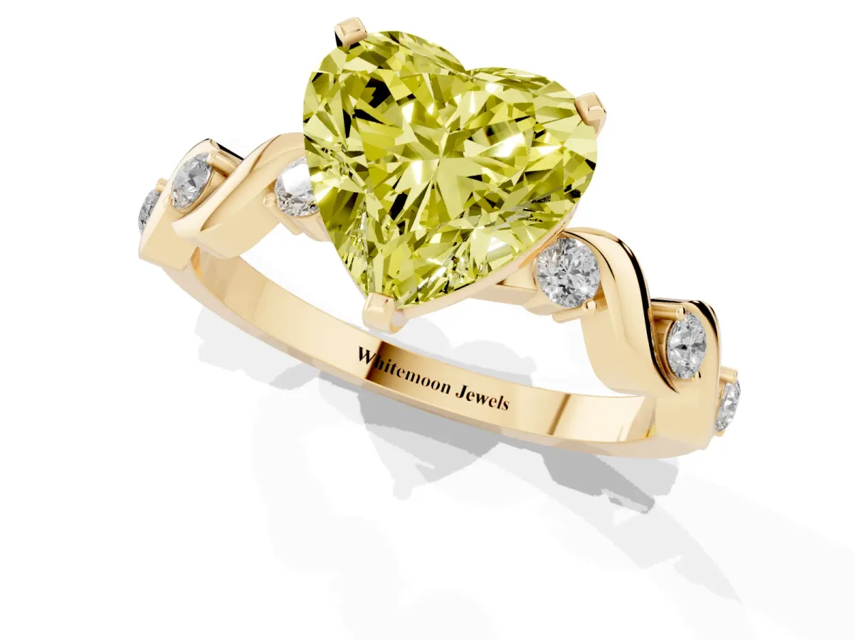 Fancy Yellow Heart Cut Diamond Solitaire Twisted Band with Round Accents and Prong Setting Yellow gold