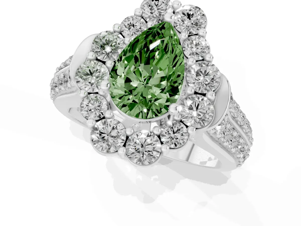 Fancy Green Pear Cut Halo Diamond Engagement Ring with Split Shank and Prong Setting Silver