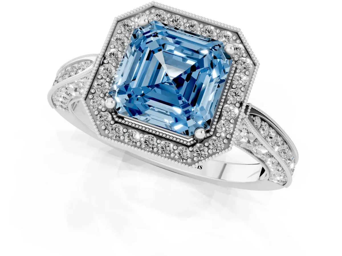 Fancy Blue Asscher Cut Halo Diamond Engagement Ring with Split Shank Band and Four-Prong Setting White gold
