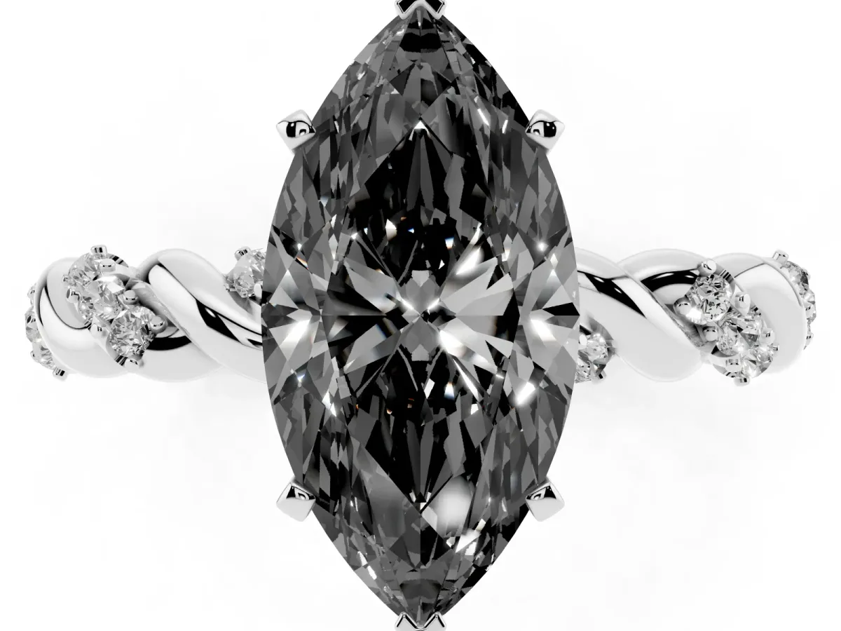 Fancy Black Marquise Cut Diamond Solitaire Ring with Twisted Band and Pavé Accents Silver