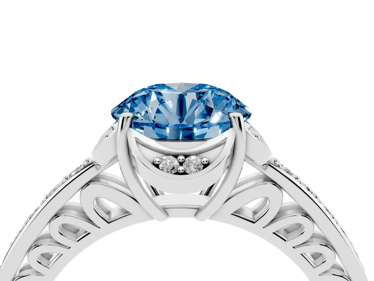 Fancy Blue Round Cut Cut Halo Diamond Ring with Channel Set Band and Four-Prong Setting Silver