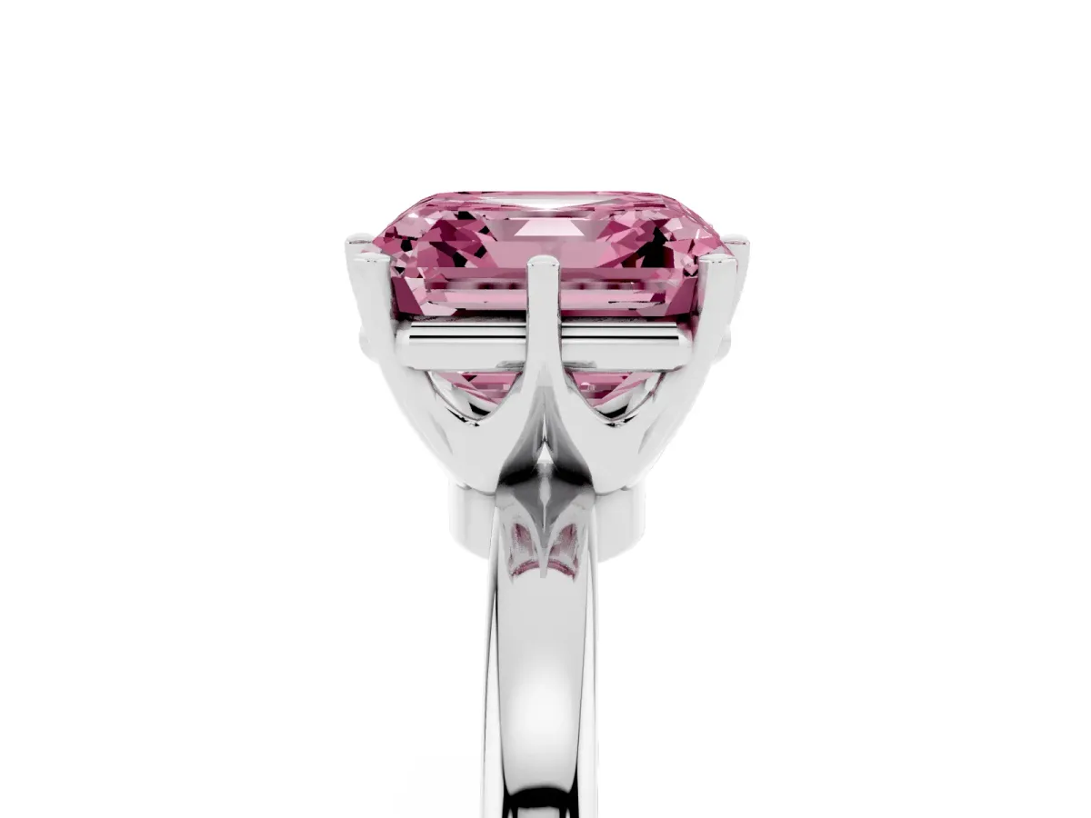 Fancy Pink Asscher Cut Solitaire Diamond Ring with Six-Prong Setting on a Classic Band Silver