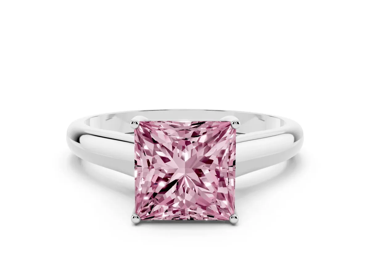 Fancy Pink Princess Cut Solitaire Engagement Ring with Tapered Band and Four-Prong Setting Platinum
