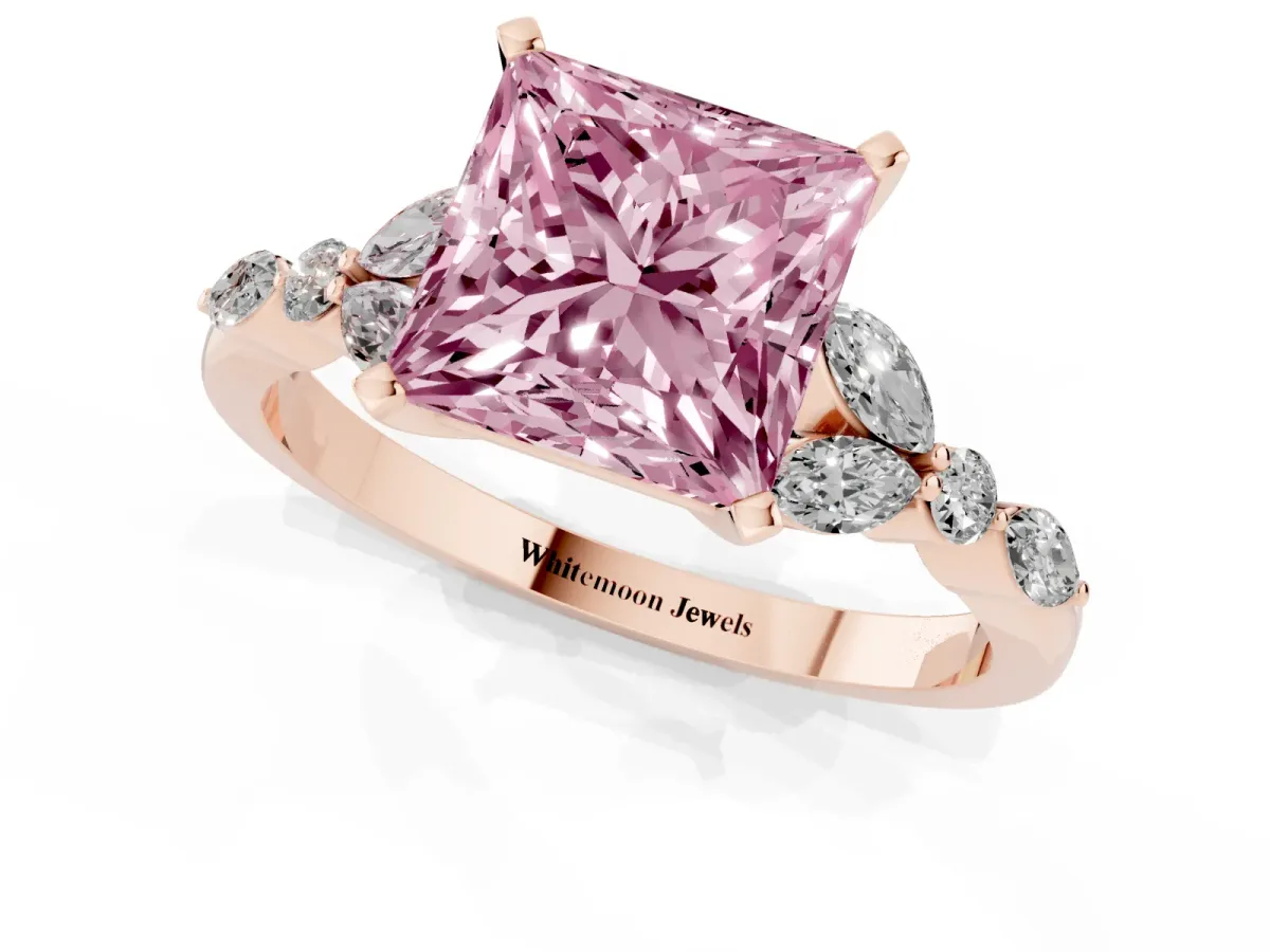 Fancy Pink Princess Cut Diamond Solitaire Ring with Side Stones and Four-Prong Setting Rose gold
