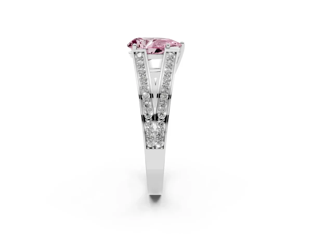 Fancy Pink Pear Cut Diamond Split Shank Ring with Pavé Band and Four-Prong Setting White gold