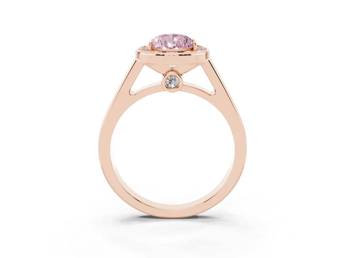 Fancy Pink Pear Cut Halo Solitaire Diamond Ring with Pave Band and Bezel Setting Rose gold