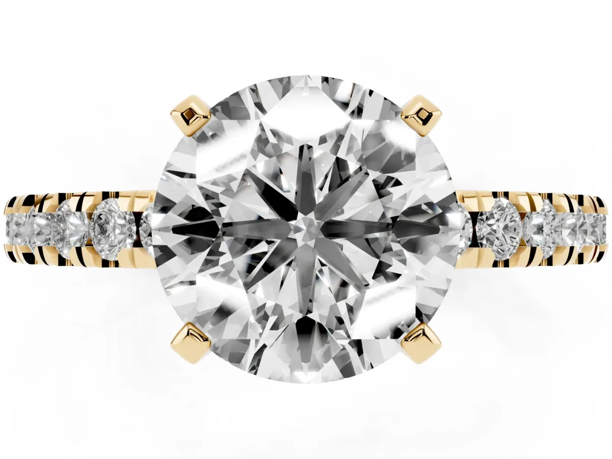 Round Cut Solitaire Diamond with Pavé Band and Four-Prong Setting Yellow gold