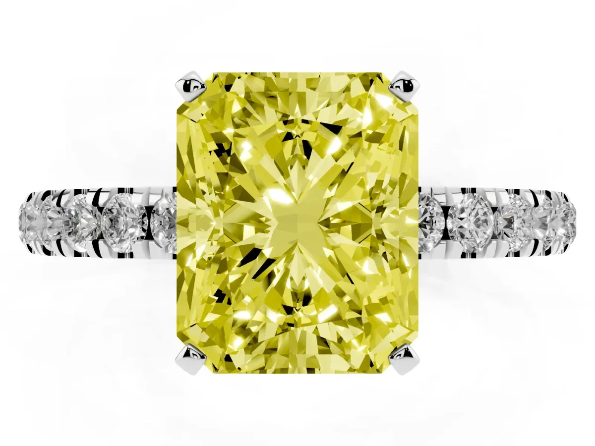 Fancy Yellow Radiant Cut Diamond Solitaire Ring with Pavé Accents and Four-Prong Setting Platinum