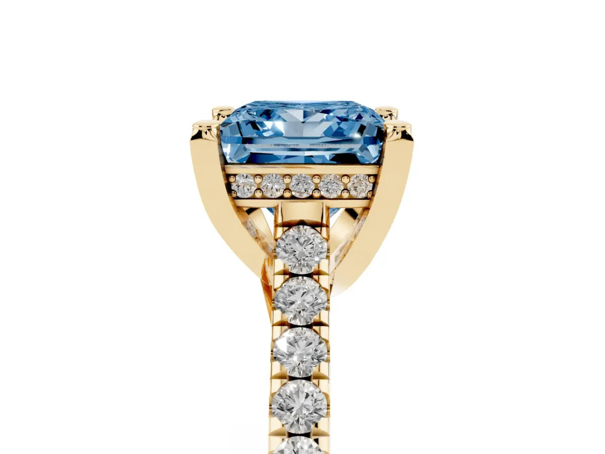 Fancy Blue Princess Cut Brilliant Diamond Solitaire with Pavé Band and Four-Prong Setting Yellow gold