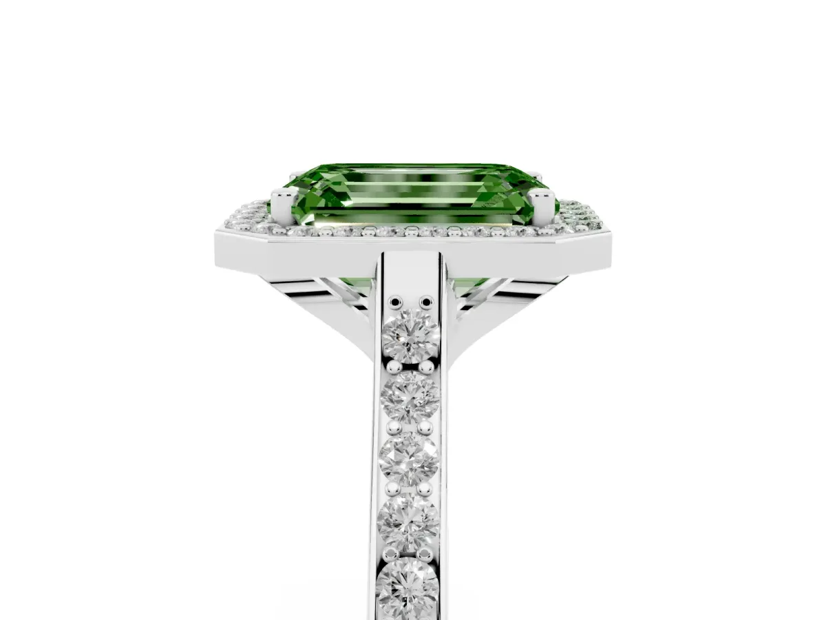 Fancy Green Emerald Cut Diamond Halo Engagement Ring with Round Pavé Shoulders and Prong Setting Silver