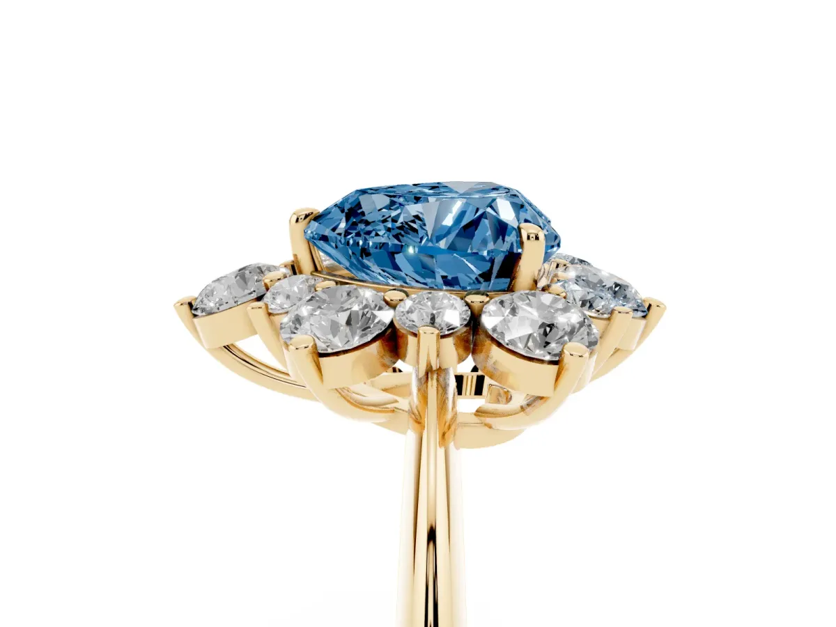 Fancy Blue Heart Cut Diamond Cluster Halo Ring with Solitaire Band and Four-Prong Setting Yellow gold