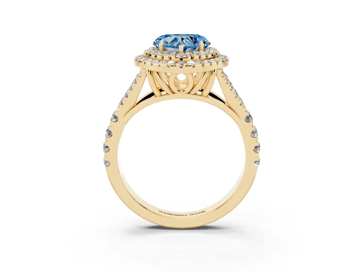 Fancy Blue Heart Cut Cut Double Halo Split Shank Diamond Ring with Prong Setting Yellow gold