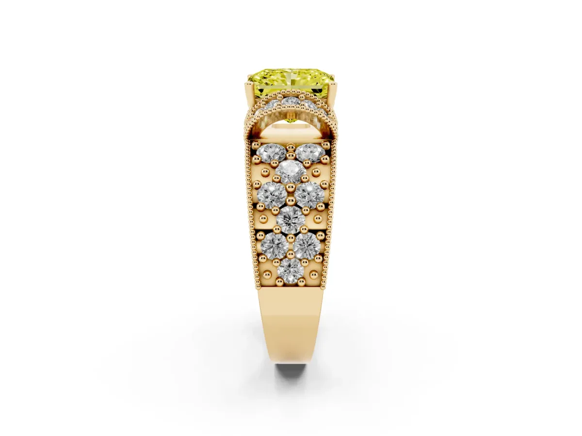 Fancy Yellow Radiant Cut Halo Pave Diamond Engagement Ring with Milgrain Detailing Yellow gold