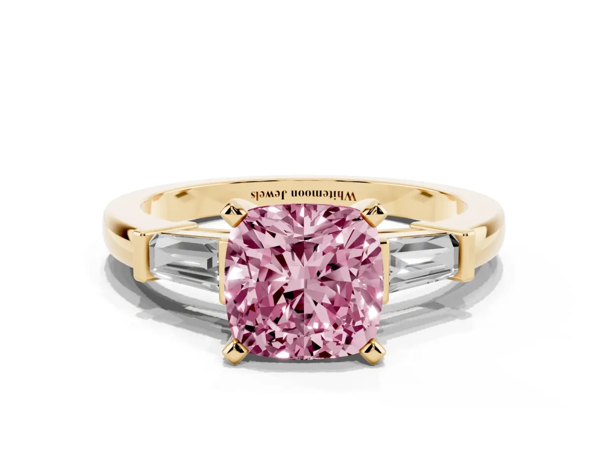 Fancy Pink Cushion Cut Cut Diamond Solitaire Ring with Tapered Baguette Accents and Four-Prong Setting Yellow gold