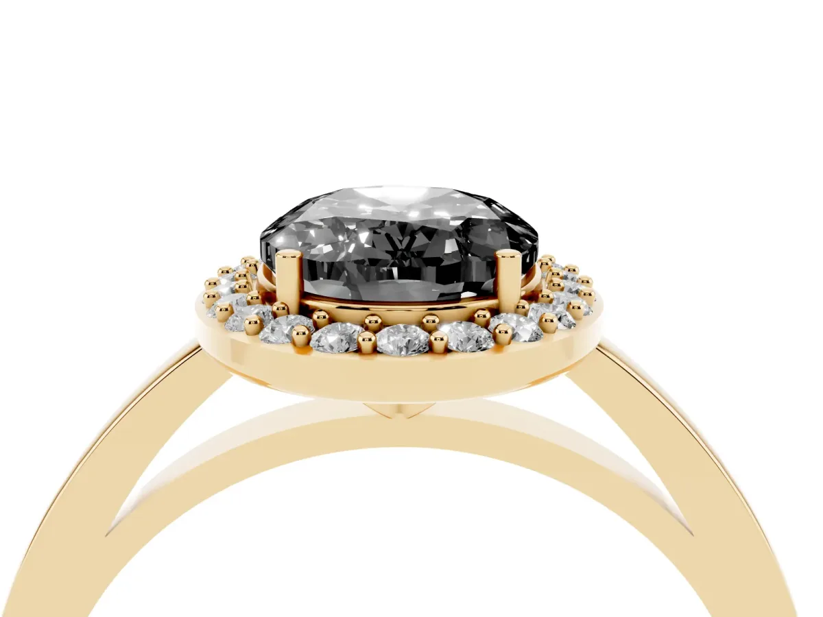 Fancy Black Oval Cut Halo Diamond Ring with Solitaire Band and Prong Setting Yellow gold