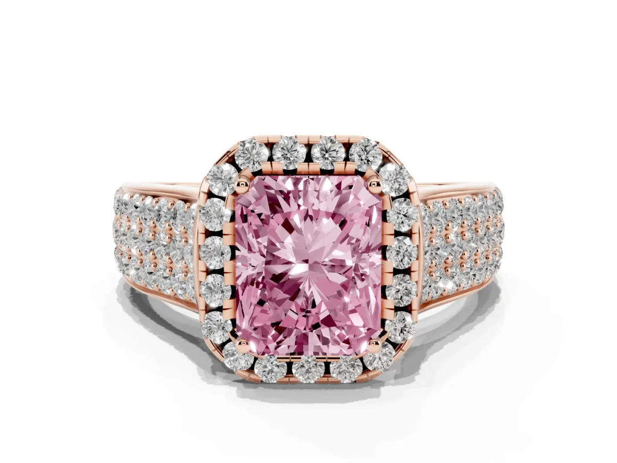 Fancy Pink Radiant Cut Halo Round Diamond Pave Band with Prong Setting Rose gold
