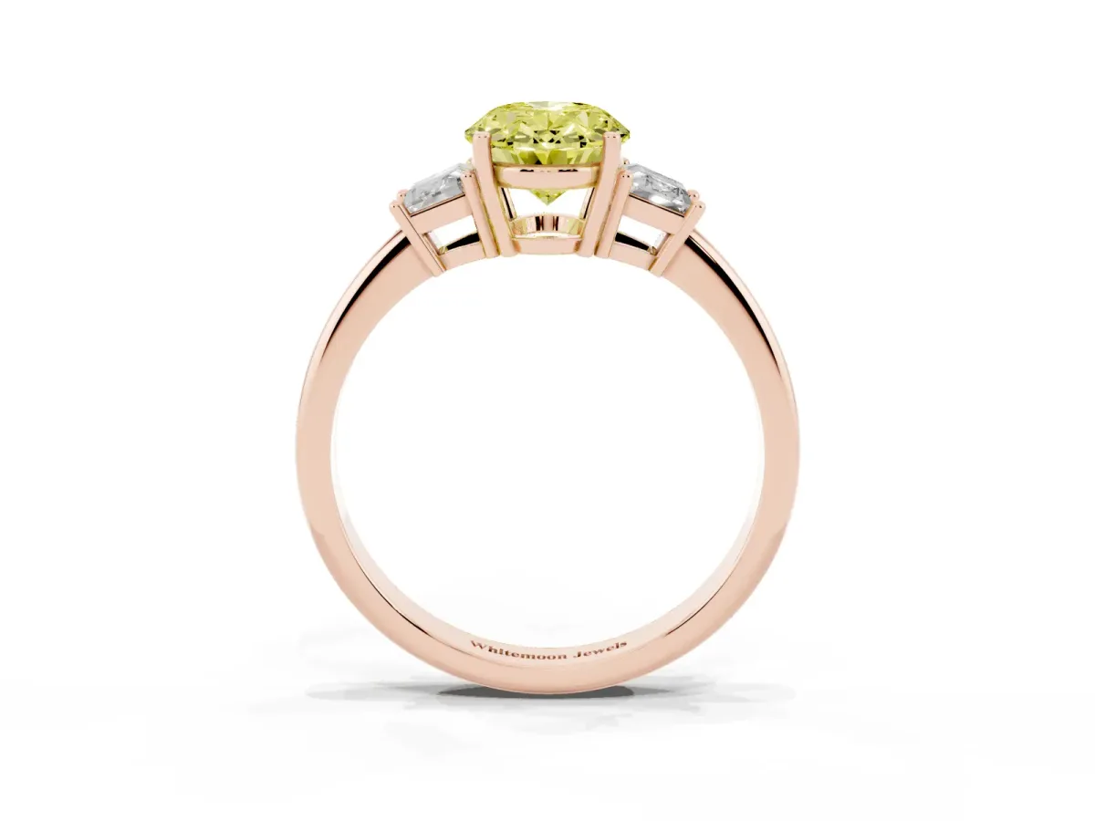 Fancy Yellow Oval Cut Diamond Three-Stone Ring with Trapezoid Side Stones and Prong Setting Rose gold