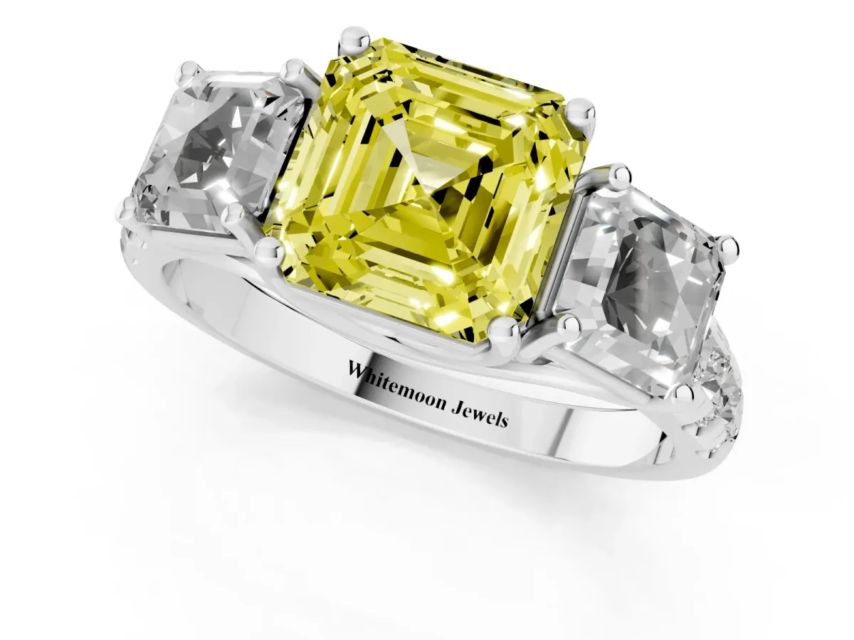 Fancy Yellow Three-Stone Asscher Cut Diamond Pavé Band with Prong Setting Platinum