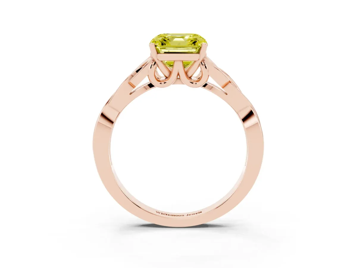 Fancy Yellow Asscher Cut Diamond Solitaire Engagement Ring with Celtic Knot Band and Four-Prong Setting Rose gold