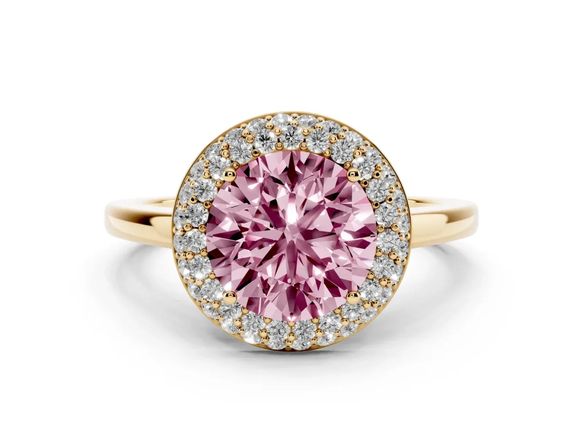 Fancy Pink Round Cut Halo Diamond Engagement Ring with Solitaire Band and Four-Prong Setting Yellow gold