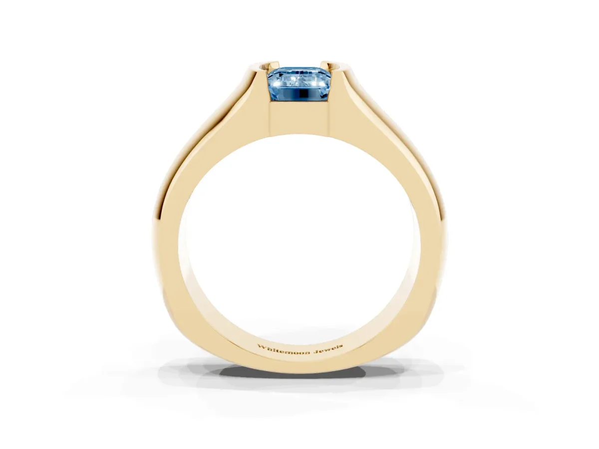 Fancy Blue Emerald Cut Solitaire Bezel Set Diamond Ring with Wide Band Yellow gold