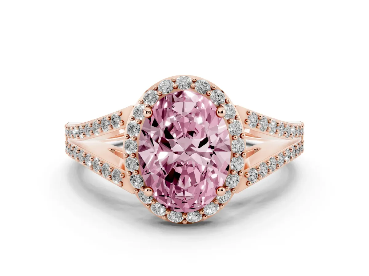 Fancy Pink Oval Cut Halo Split Shank Diamond Ring with Prong Setting Rose gold