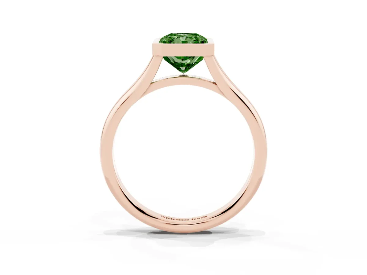 Fancy Green Bezel Set Radiant Cut Cut Solitaire Ring with Tapered Band Rose gold