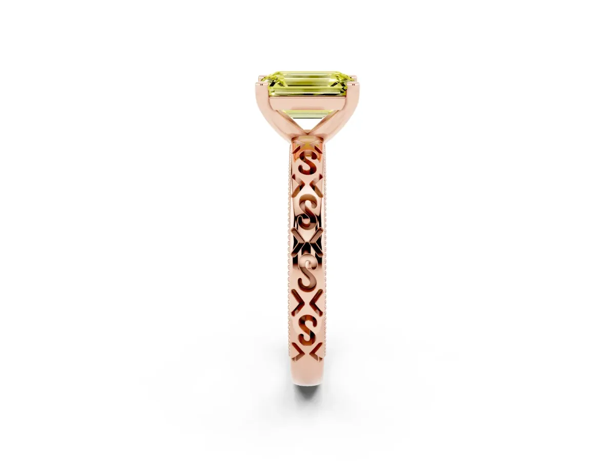 Fancy Yellow Emerald Cut Solitaire Engagement Ring with Scrollwork Band and Four-Prong Setting Rose gold