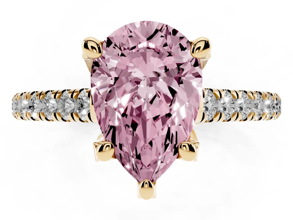 Fancy Pink Pear Cut Brilliant Diamond Solitaire with Pavé Band and Four-Prong Setting Yellow gold