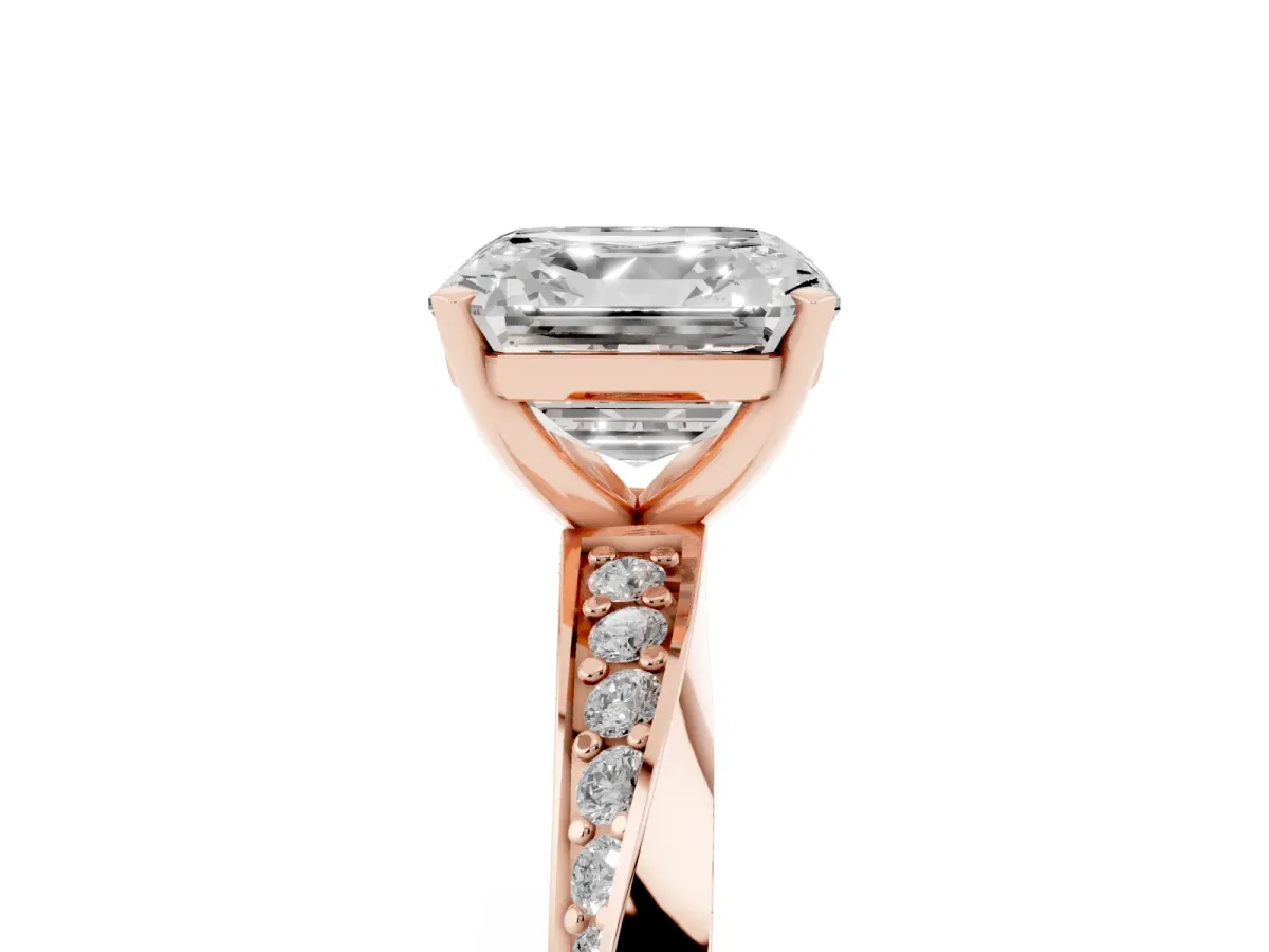 Asscher Cut Diamond Engagement Ring with Side Stone Accents and Four-Prong Setting Rose gold