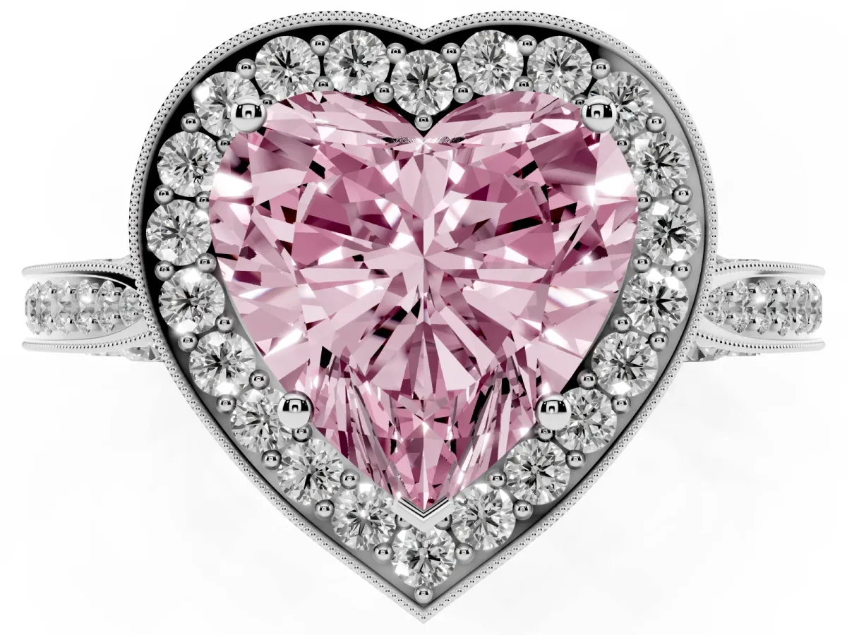 Fancy Pink Heart Cut Halo Diamond Engagement Ring with Split Shank Band and Four-Prong Setting Silver
