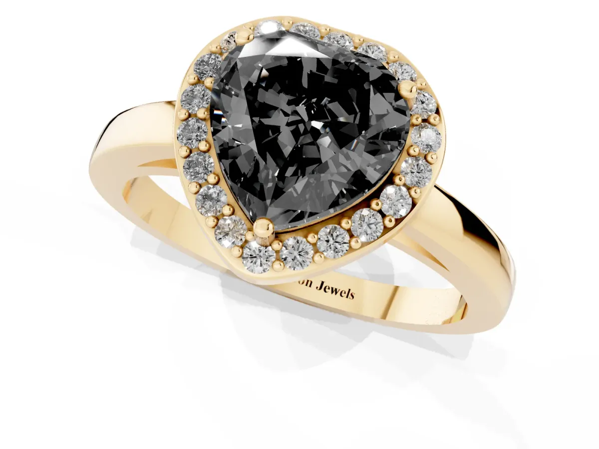 Fancy Black Heart Cut Halo Diamond Ring with Solitaire Band and Prong Setting Yellow gold