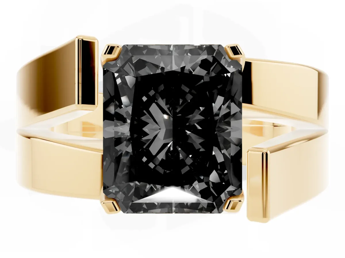 Fancy Black Modern Tension Set Radiant Cut Diamond Solitaire Wide Band Ring Yellow gold