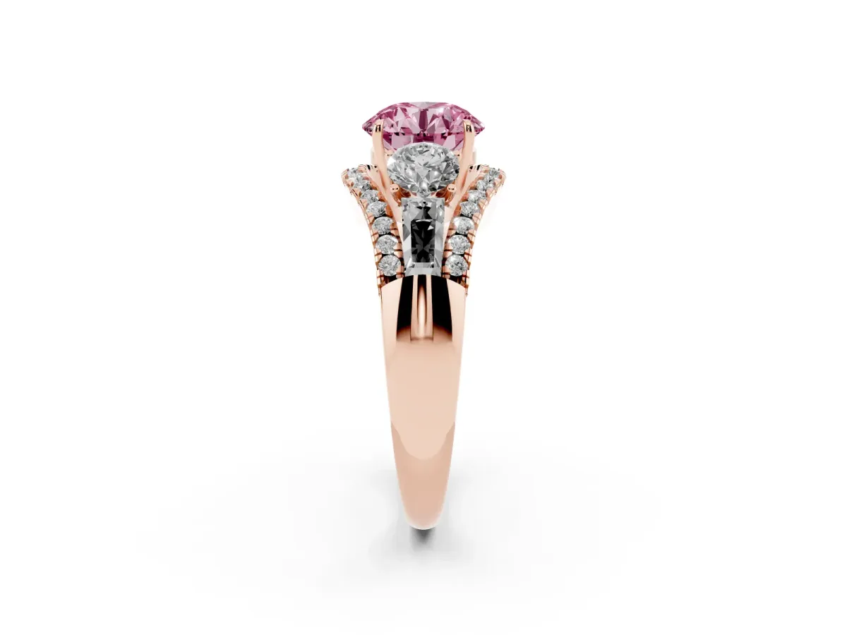 Fancy Pink Three-Stone Round Cut Diamond Engagement Ring with Pave Band and Prong Setting Rose gold