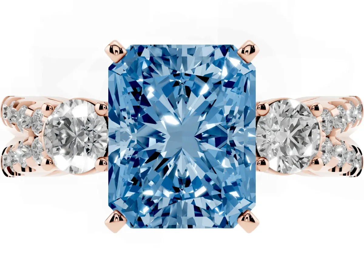 Fancy Blue Radiant Cut Diamond Three-Stone Ring with Pavé Split Shank and Four-Prong Setting Rose gold