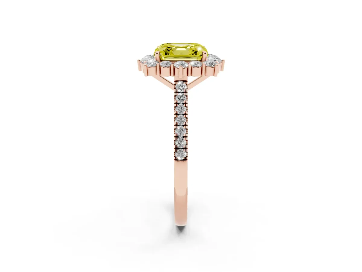 Fancy Yellow Asscher Cut Halo Diamond Ring with Pavé Band and Prong Setting Rose gold