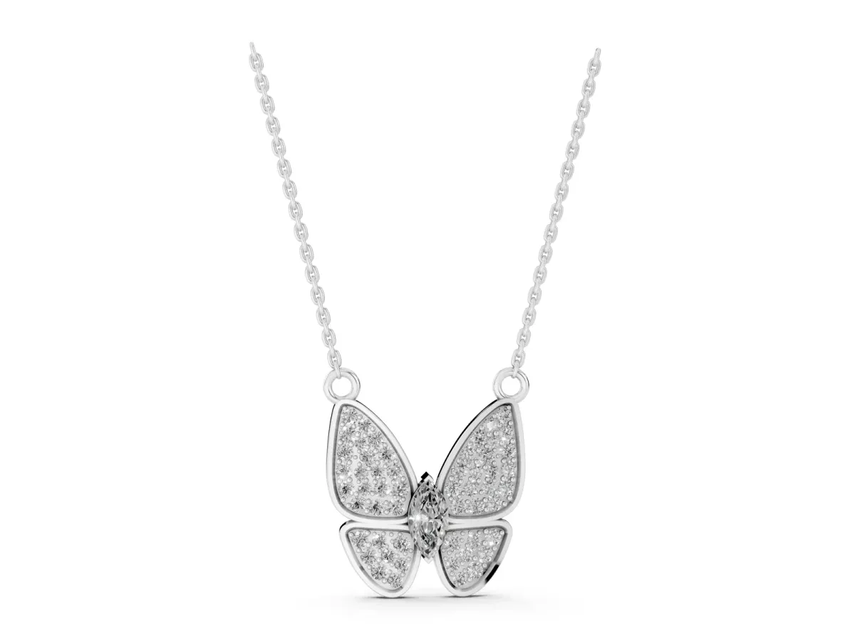 Pavé Oval Prong Butterfly Pendant Silver