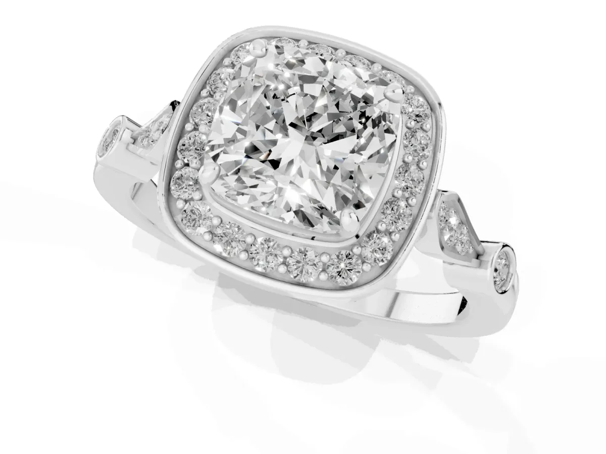 Cushion Cut Halo Diamond Engagement Ring with Twisted Band and Four-Prong Setting Silver